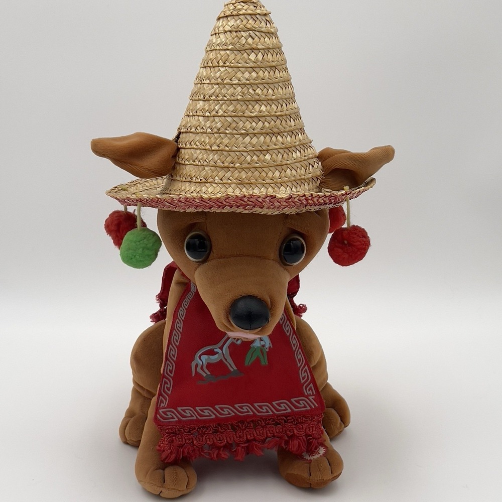 Vintage Chihuahua Plush Dog Wearing Sombrero Mexican Fiesta‎ Stuffed Animal